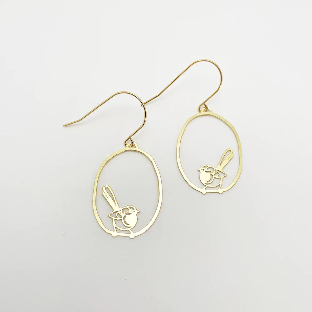 Mini Fairy Wren Dangle Earrings in Gold