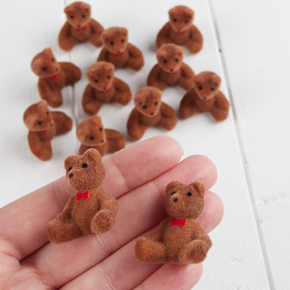 Miniature Brown Flocked Bear with Bow
