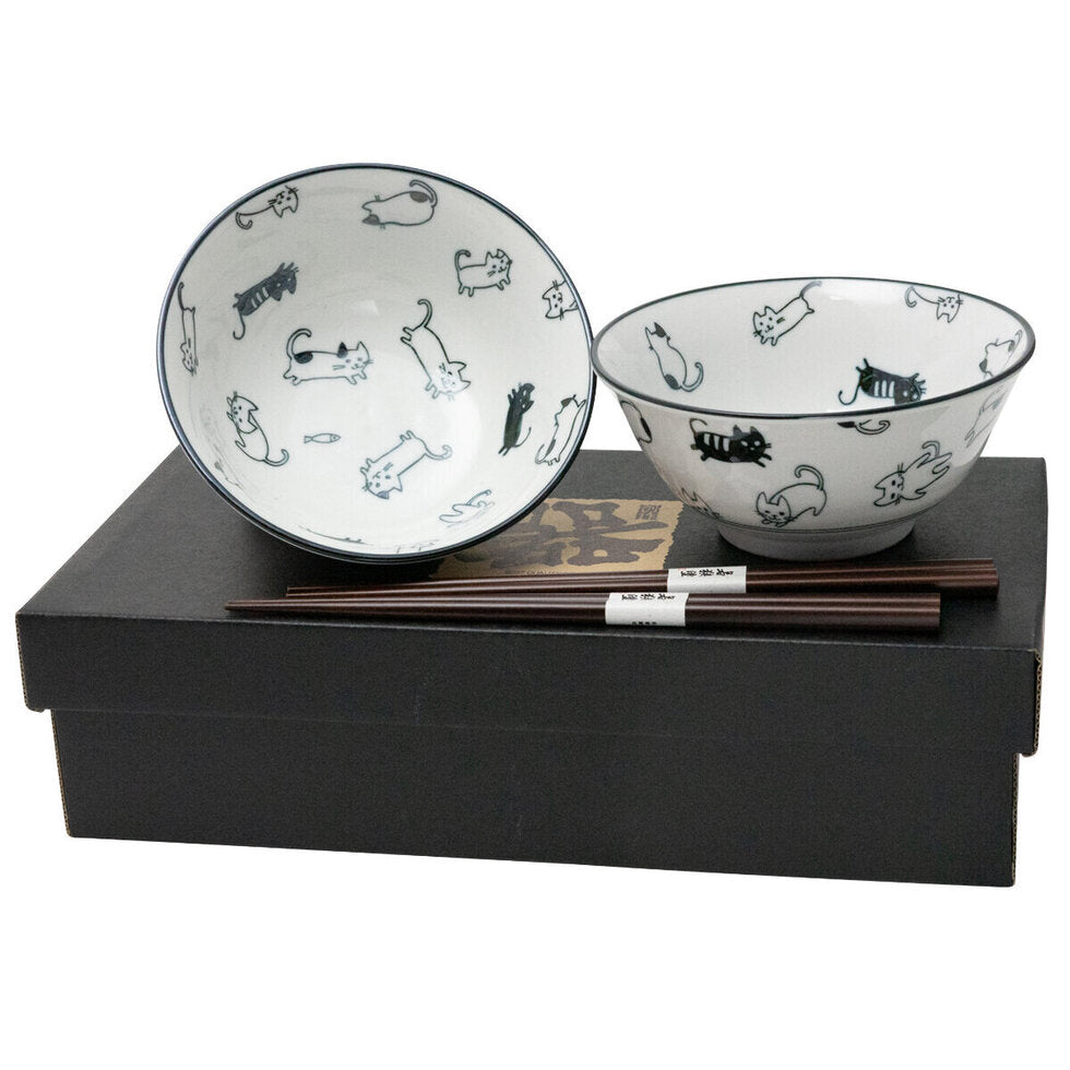 2 Bowl & Chopstick Set Cat Black