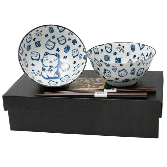 2 Bowl & Chopstick Set Cat Blue