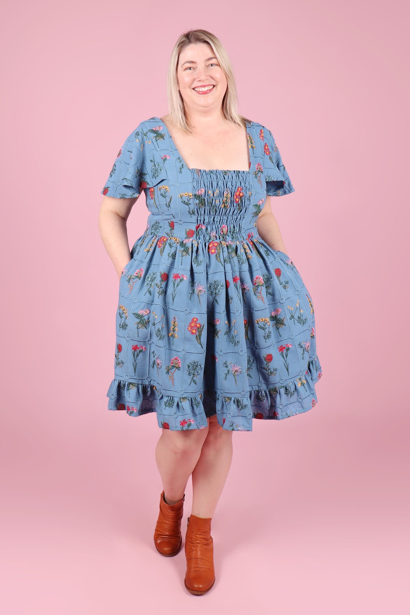 Vera Dress Embroidered Botany Ocean Blue