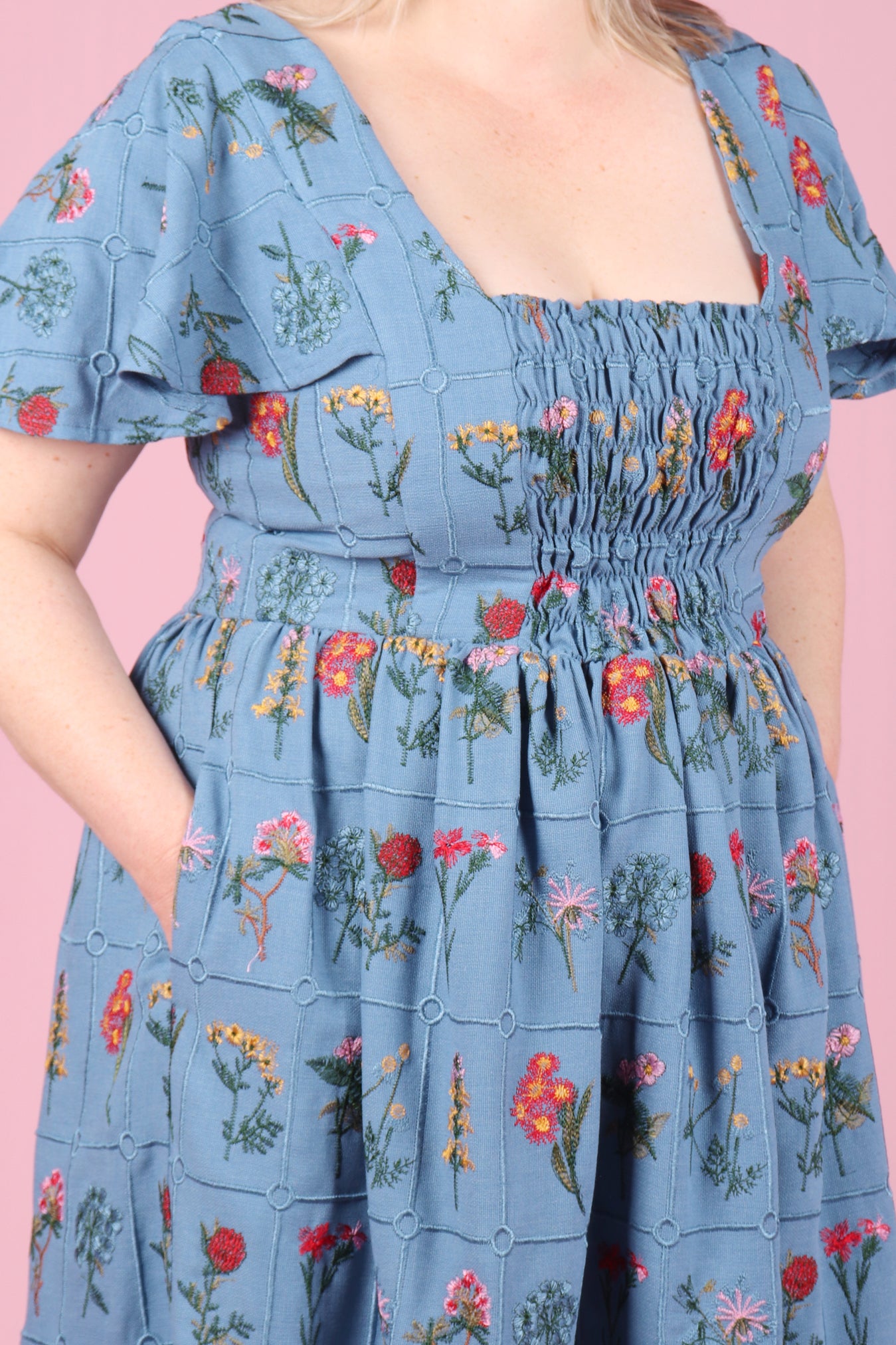 Vera Dress Embroidered Botany Ocean Blue