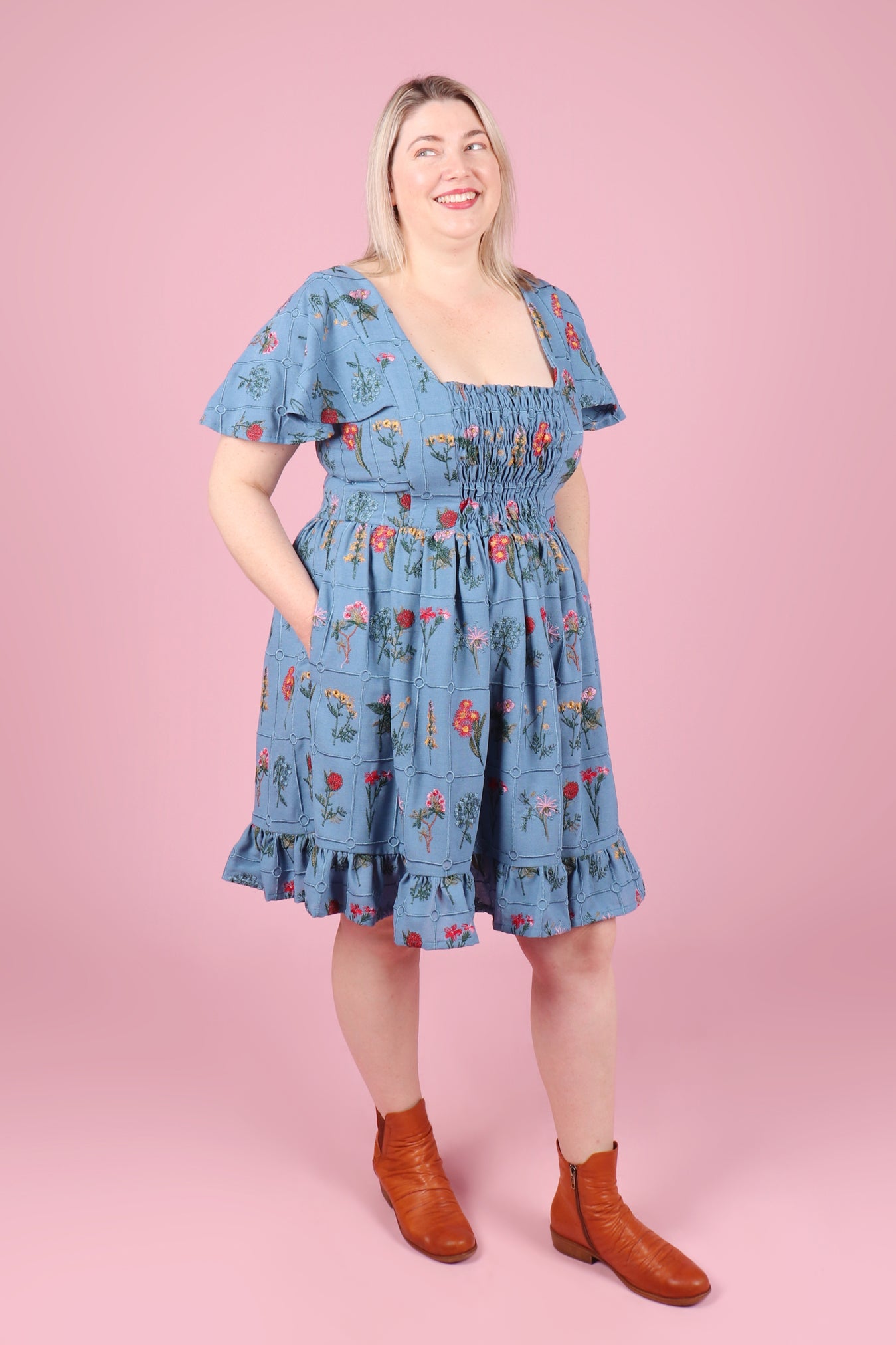 Vera Dress Embroidered Botany Ocean Blue