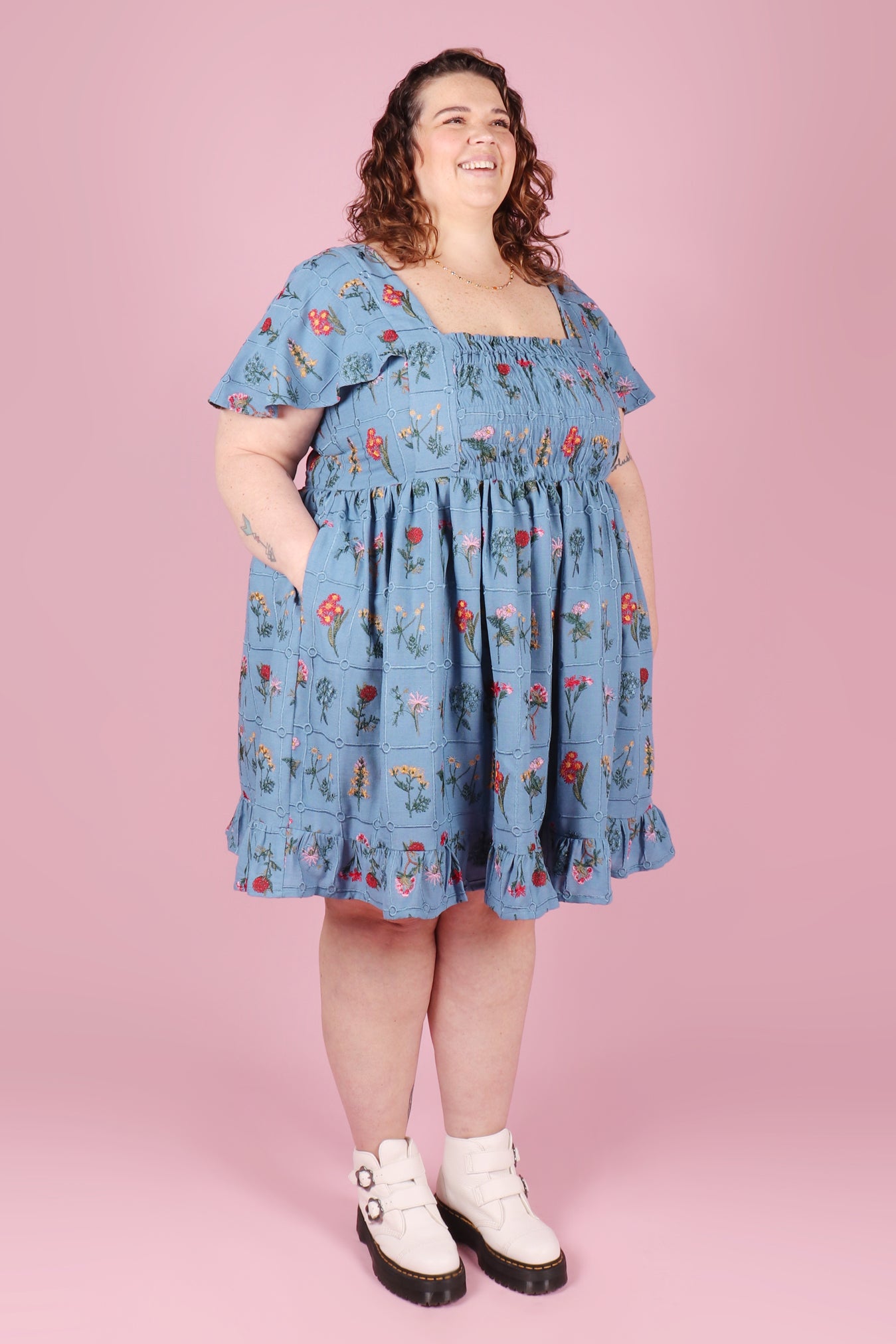 Vera Dress Embroidered Botany Ocean Blue