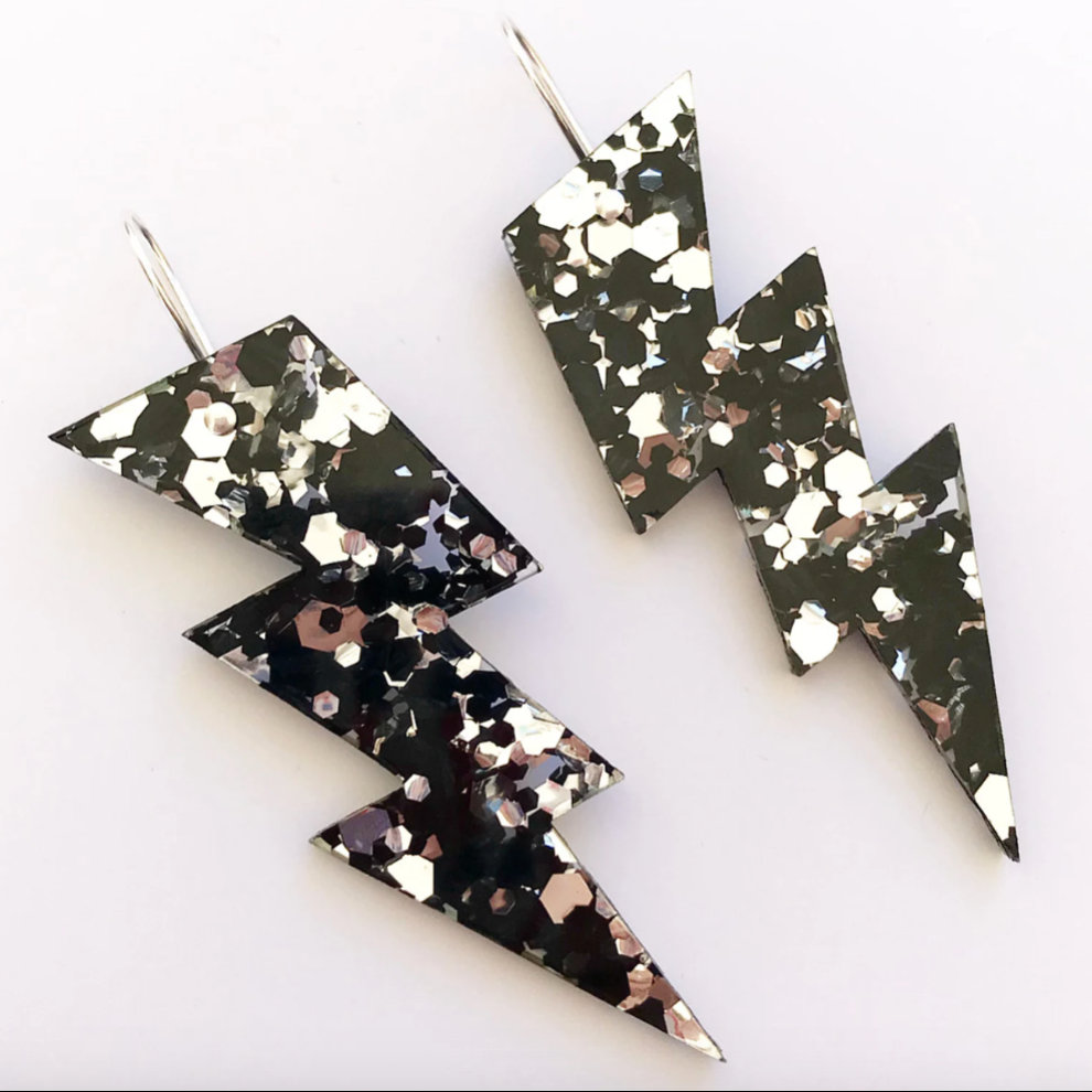 Bolt Drop Earrings Silver/Black Glitter