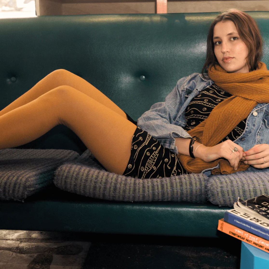 Merino Wool Textured Knit Tights Mustard