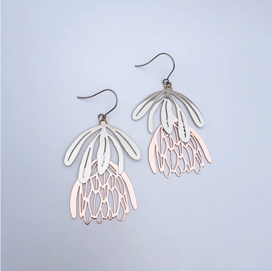 Protea Flower Earrings Silver/Rose Gold