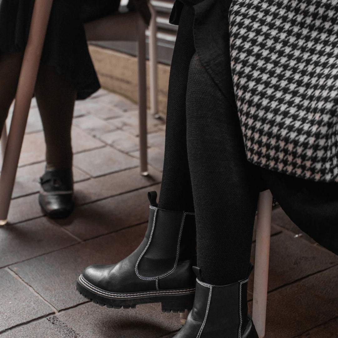 Merino Wool Textured Knit Tights Black