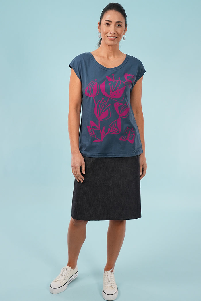 Bobby Top - Woodcut Flowers Print in Arctic Blue & Cerise