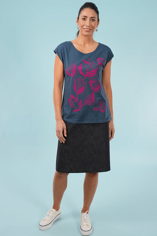 Bobby Top - Woodcut Flowers Print in Arctic Blue & Cerise