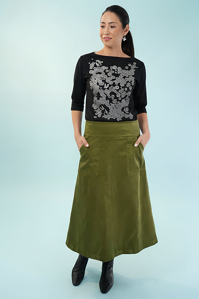 Amy Midi Skirt - Corduroy in Moss Green