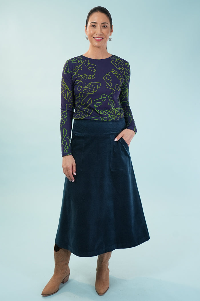Amy Midi Skirt - Corduroy in Blue Ink