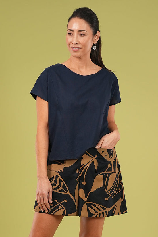 Betty Shorts - Woodcut Flowers in Navy & Lark