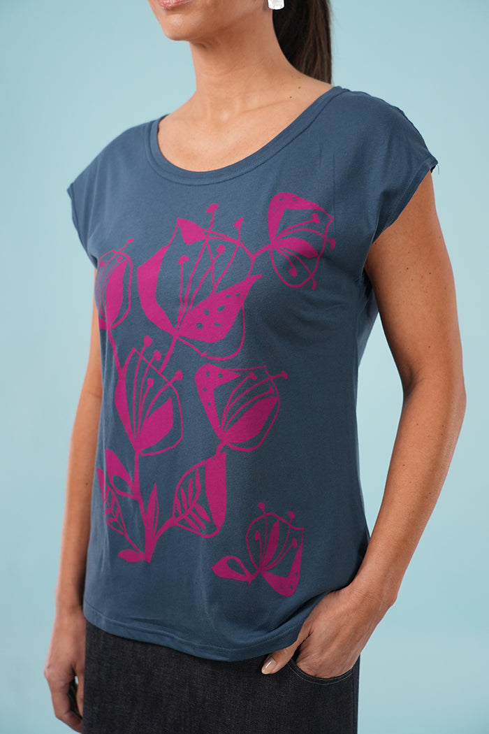 Bobby Top - Woodcut Flowers Print in Arctic Blue & Cerise