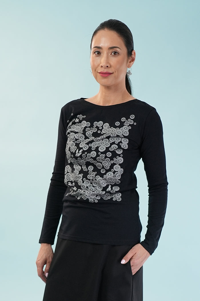Boatneck Tee - Mikko Metallic Silver on Black