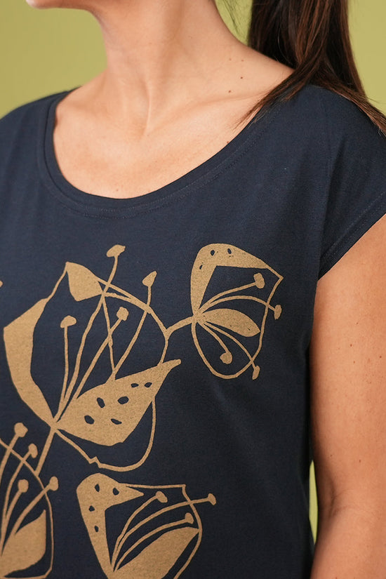 Bobby Top - Woodcut Flowers Print in Navy & Lark