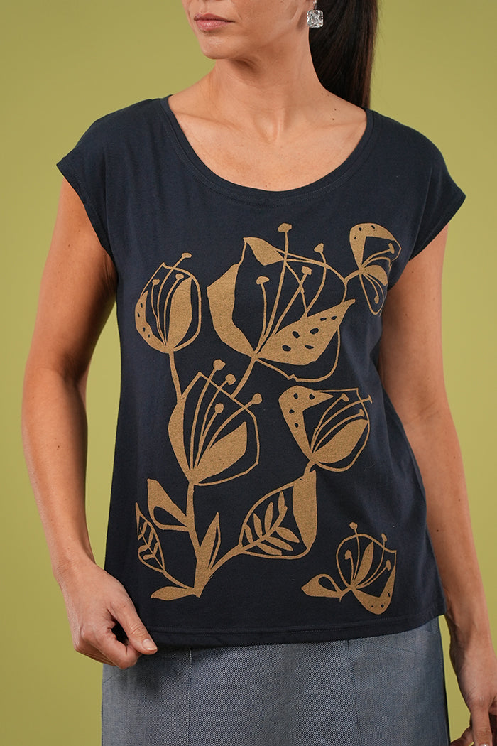 Bobby Top - Woodcut Flowers Print in Navy & Lark