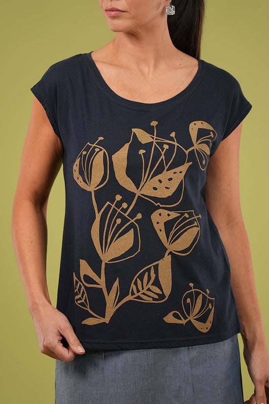 Bobby Top - Woodcut Flowers Print in Navy & Lark
