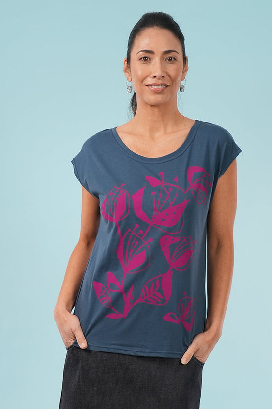 Bobby Top - Woodcut Flowers Print in Arctic Blue & Cerise