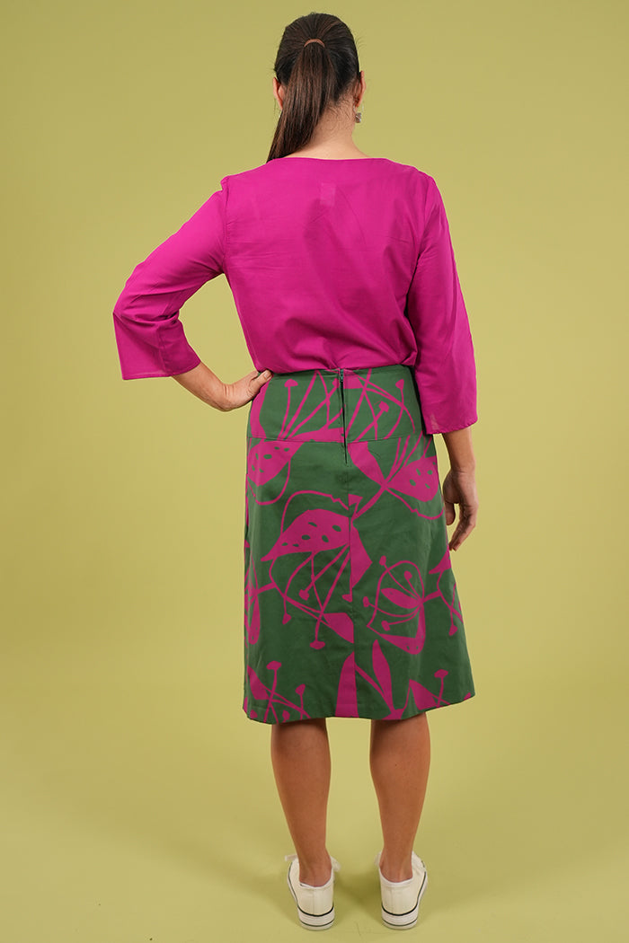 Ivy Long Skirt | Woodcut Flowers Print  in Cerise & Green