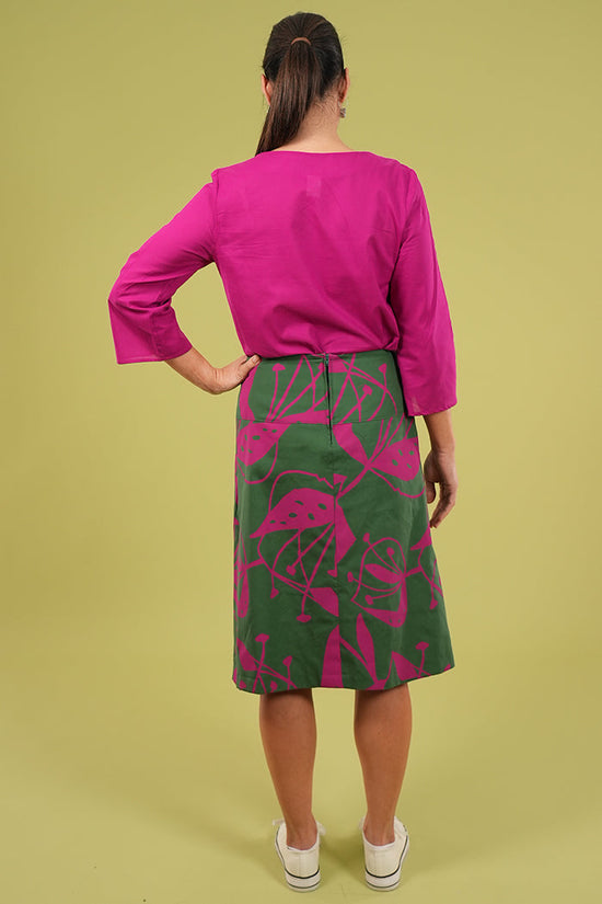 Ivy Long Skirt | Woodcut Flowers Print  in Cerise & Green