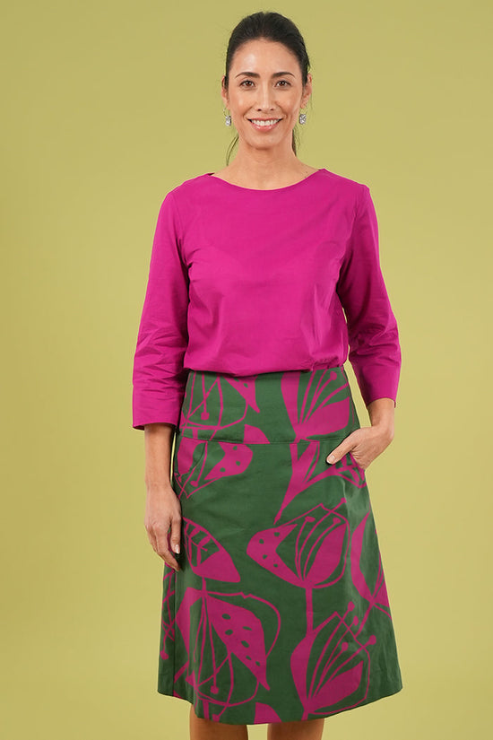 Ivy Long Skirt | Woodcut Flowers Print  in Cerise & Green