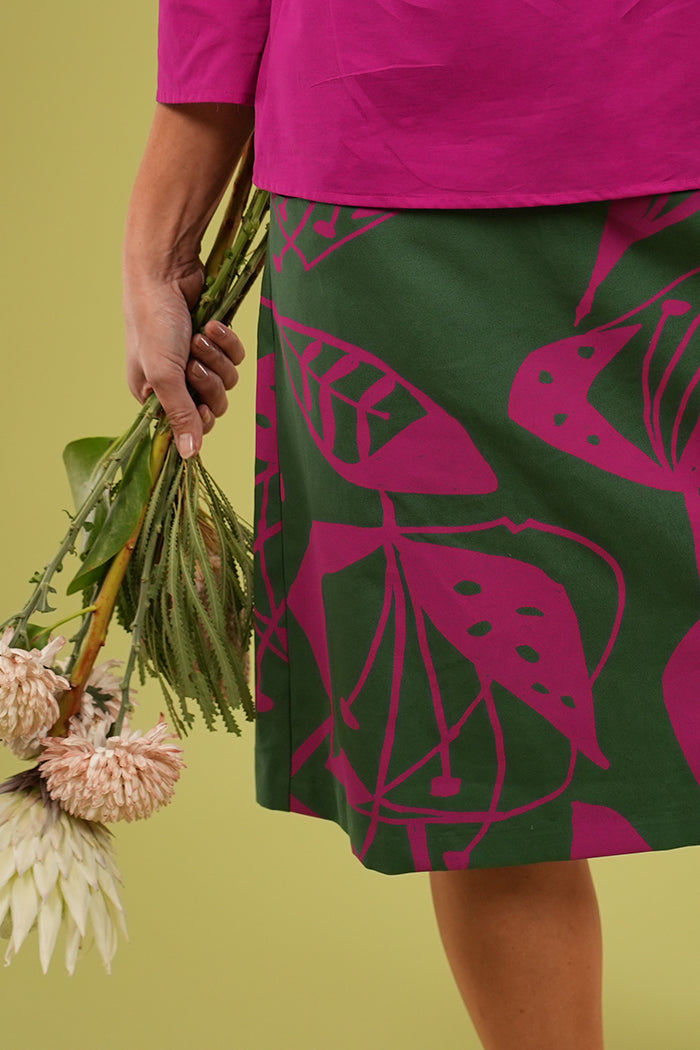 Ivy Long Skirt | Woodcut Flowers Print  in Cerise & Green