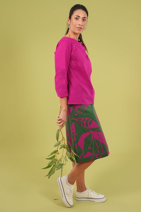 Ivy Long Skirt | Woodcut Flowers Print  in Cerise & Green
