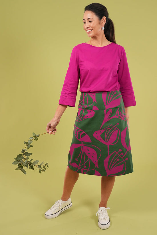 Ivy Long Skirt | Woodcut Flowers Print  in Cerise & Green
