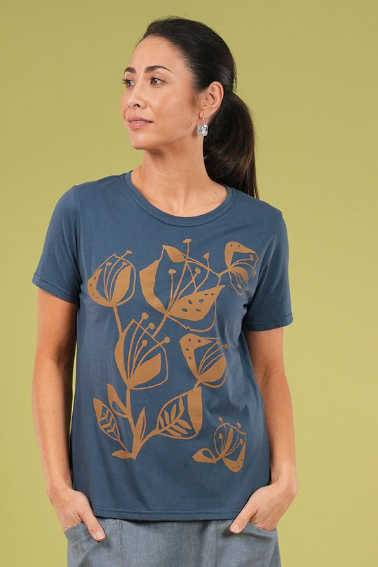 Short Sleeve Tee - Woodcut Flowers in Arctic Blue & Lark