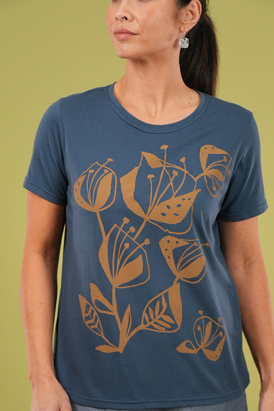 Short Sleeve Tee - Woodcut Flowers in Arctic Blue & Lark