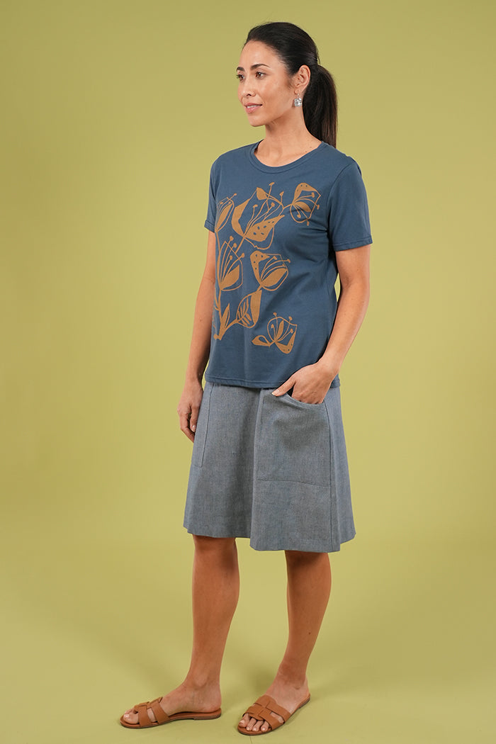Short Sleeve Tee - Woodcut Flowers in Arctic Blue & Lark