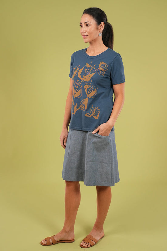 Short Sleeve Tee - Woodcut Flowers in Arctic Blue & Lark