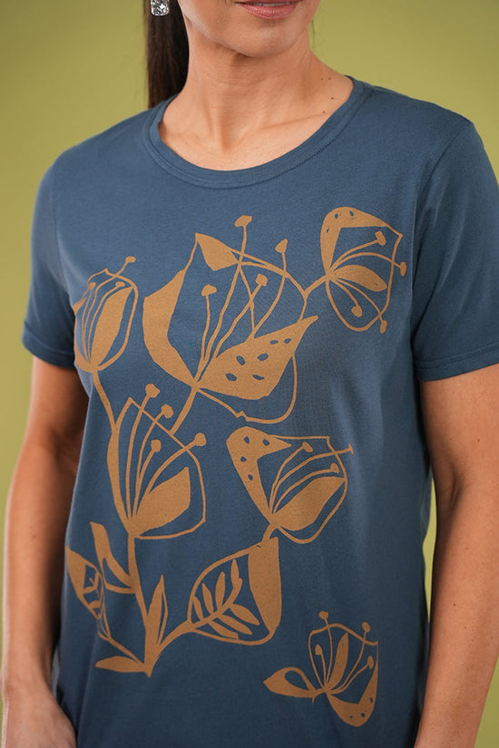 Short Sleeve Tee - Woodcut Flowers in Arctic Blue & Lark