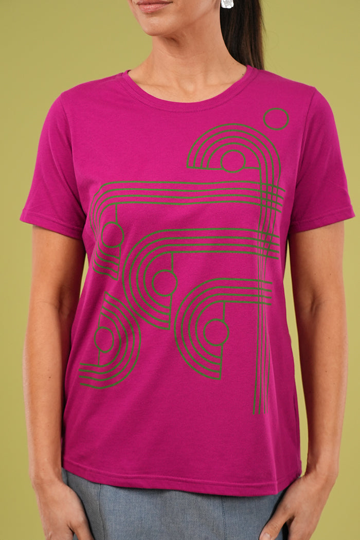 Girlfriend Tee - Checkers Print in Cerise & Green