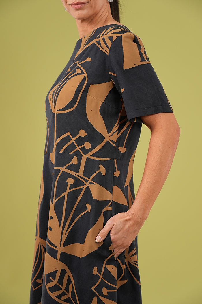 Greta Dress - Woodcut Flowers Lark on Navy