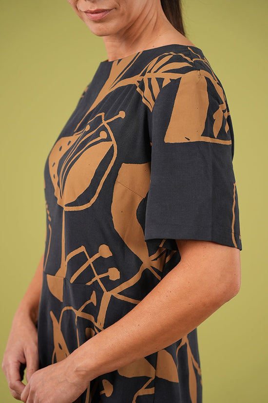 Greta Dress - Woodcut Flowers Lark on Navy
