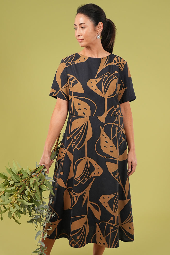 Greta Dress - Woodcut Flowers Lark on Navy