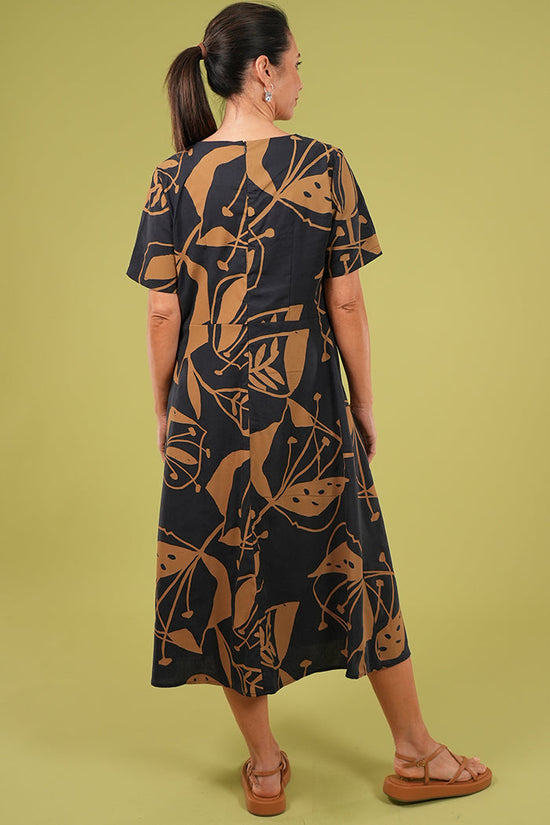Greta Dress - Woodcut Flowers Lark on Navy