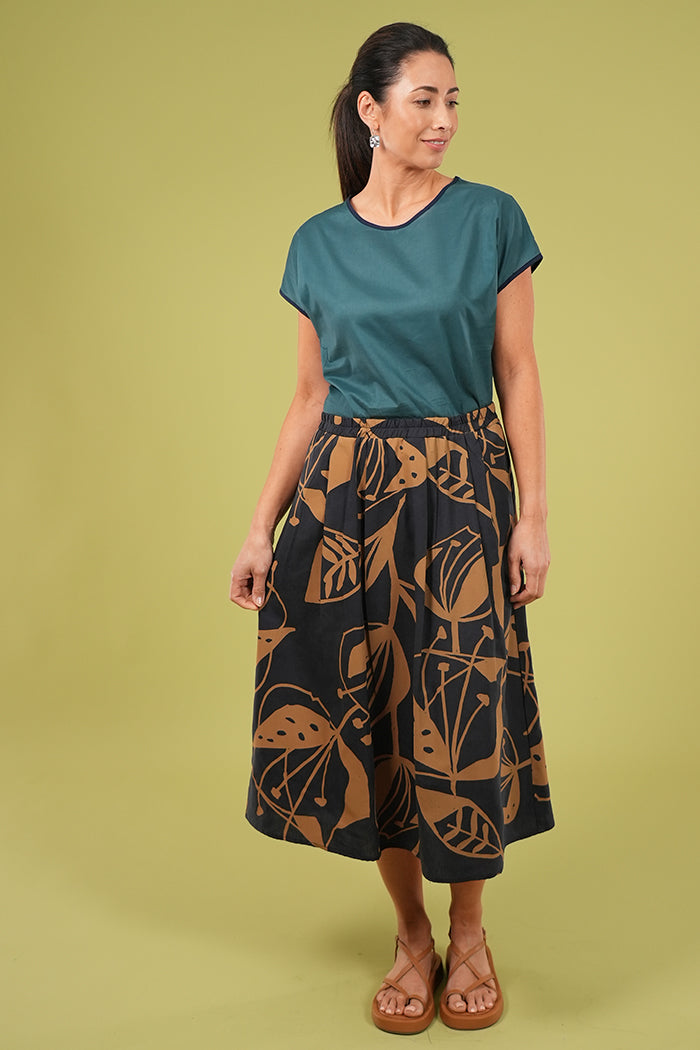 Isabel Skirt - Woodcut Flowers in Navy & Lark