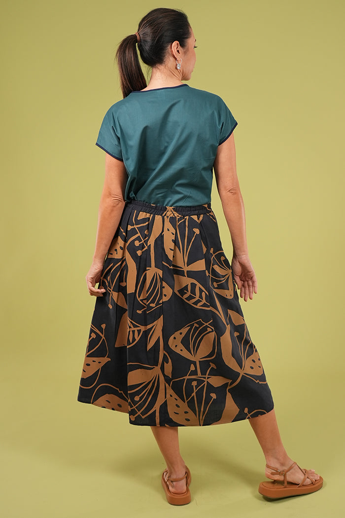 Isabel Skirt - Woodcut Flowers in Navy & Lark