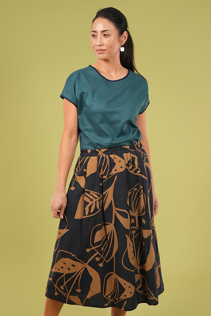 Isabel Skirt - Woodcut Flowers in Navy & Lark