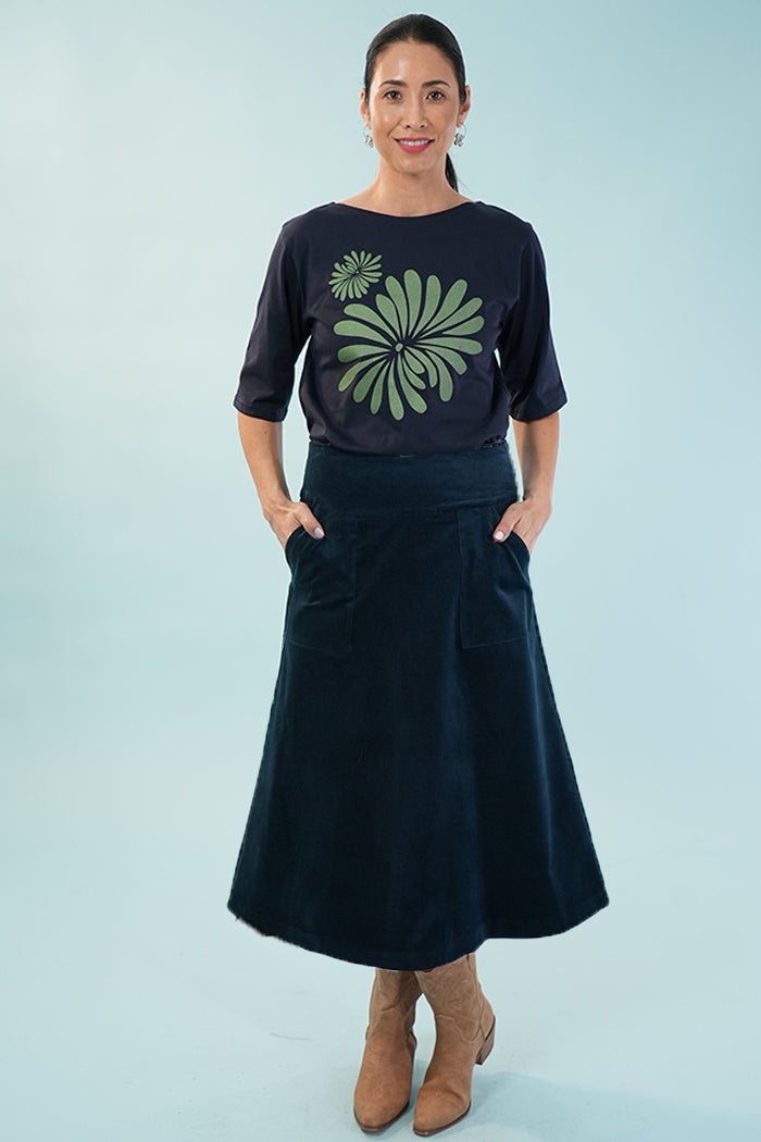 Amy Midi Skirt - Corduroy in Blue Ink