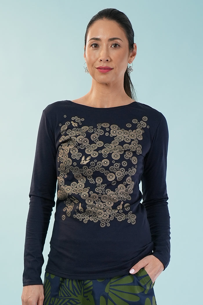 Boatneck Tee - Mikko Metallic Bronze on Navy
