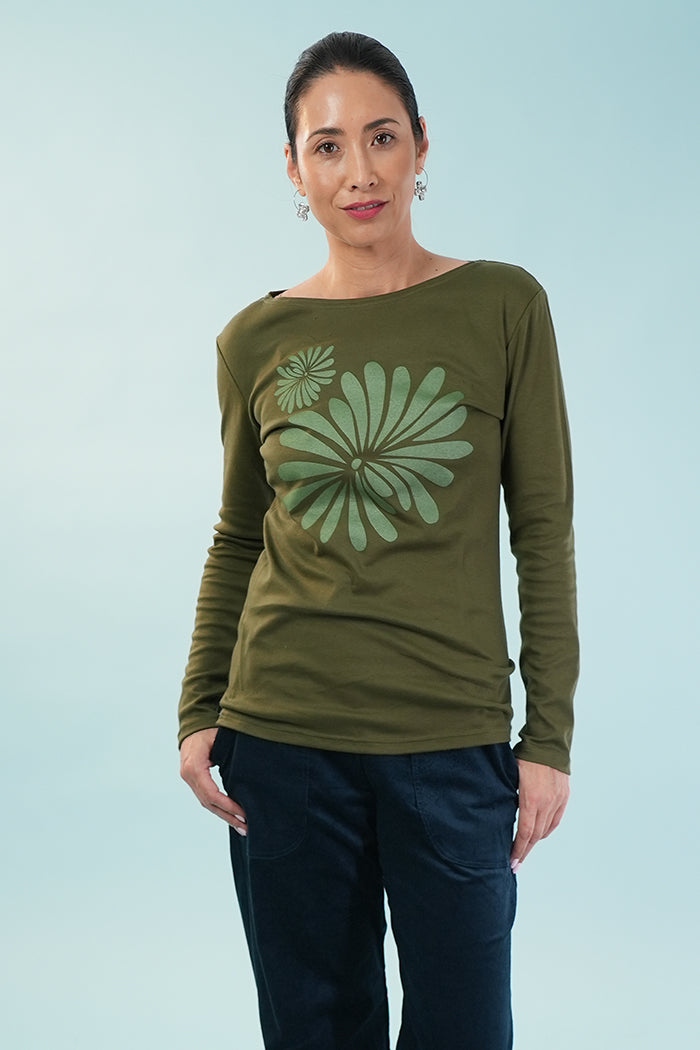 Boatneck Tee - Jap Floral Metallic Green/Olive