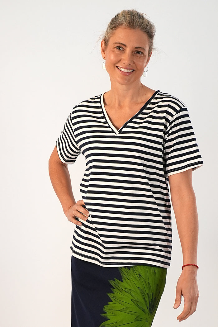 V Neck  Top Navy White Stripe