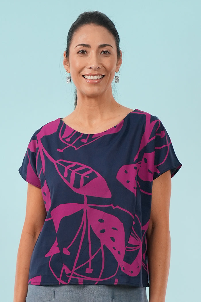 Thea Top - Woodcut Flowers in Cerise on Navy