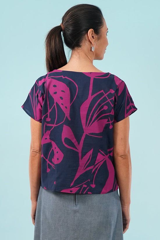 Thea Top - Woodcut Flowers in Cerise on Navy