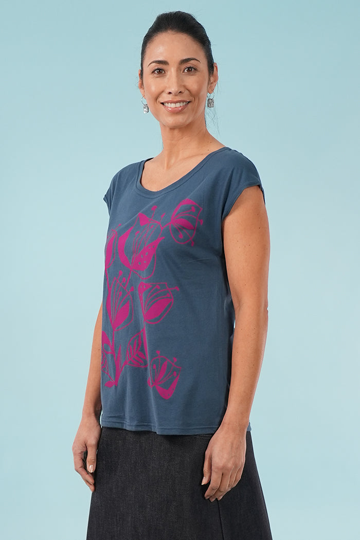 Bobby Top - Woodcut Flowers Print in Arctic Blue & Cerise