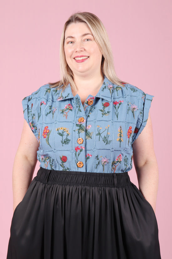 Load and play video in Gallery viewer, Trixie Shirt Embroidered Botany Ocean Blue
